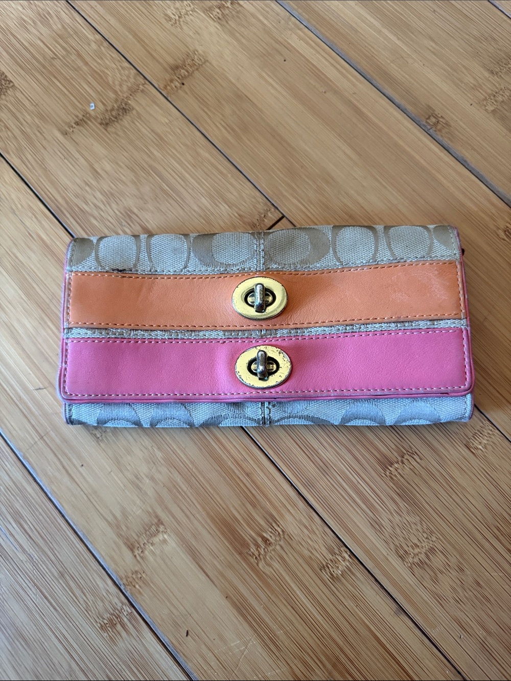 Coach Canvas Wallet with Pink and Orange Leather Straps